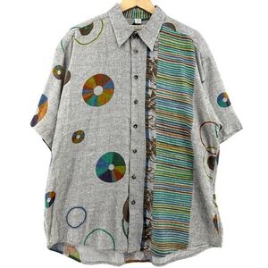 VTG Haupt Gray Multicolor Geometric Stripe Short Sleeve Button Down Shirt SZ XL